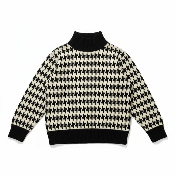 Jillian Jones Sweaters - Black & Cream Houndstooth Lambswool Mock Neck Sweater – Size Medium